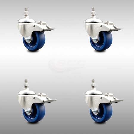 Service Caster 3 Inch 316SS Solid Polyurethane Wheel Swivel 12mm Stem Caster Set Lock Brake SCC-SS316TSTTL20S314-SPUS-M1215-4